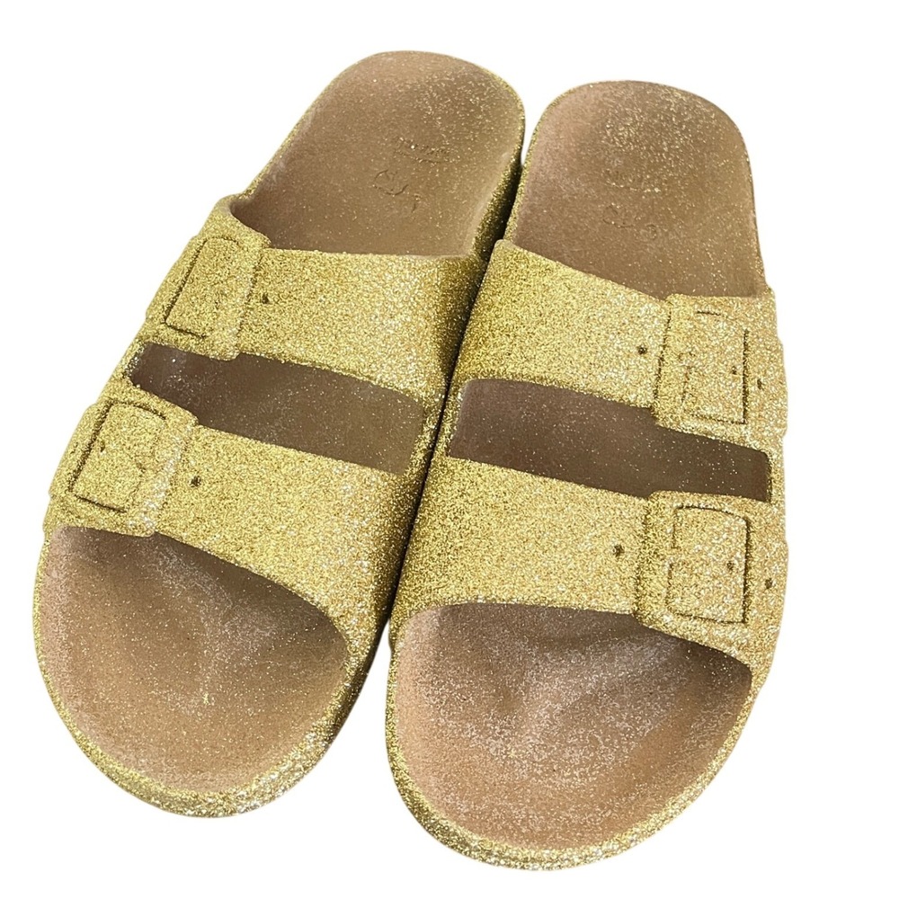 Cacatoes Trancoso Sandals Women Size 39 Gold Glitter Double Strap Slides 21S1038